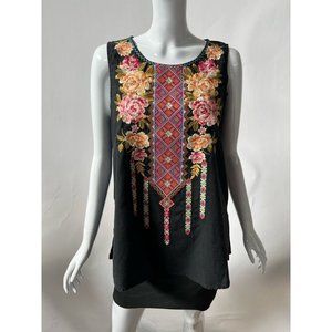 April Sky Womens Blouse Multicolor Sleeveless Slit Keyhole Back Embroidered M